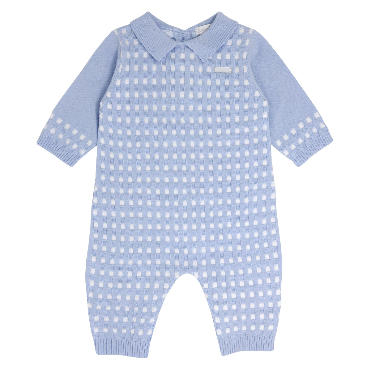 Boys Blue Knitted Romper In Square Jacquard Blues Baby